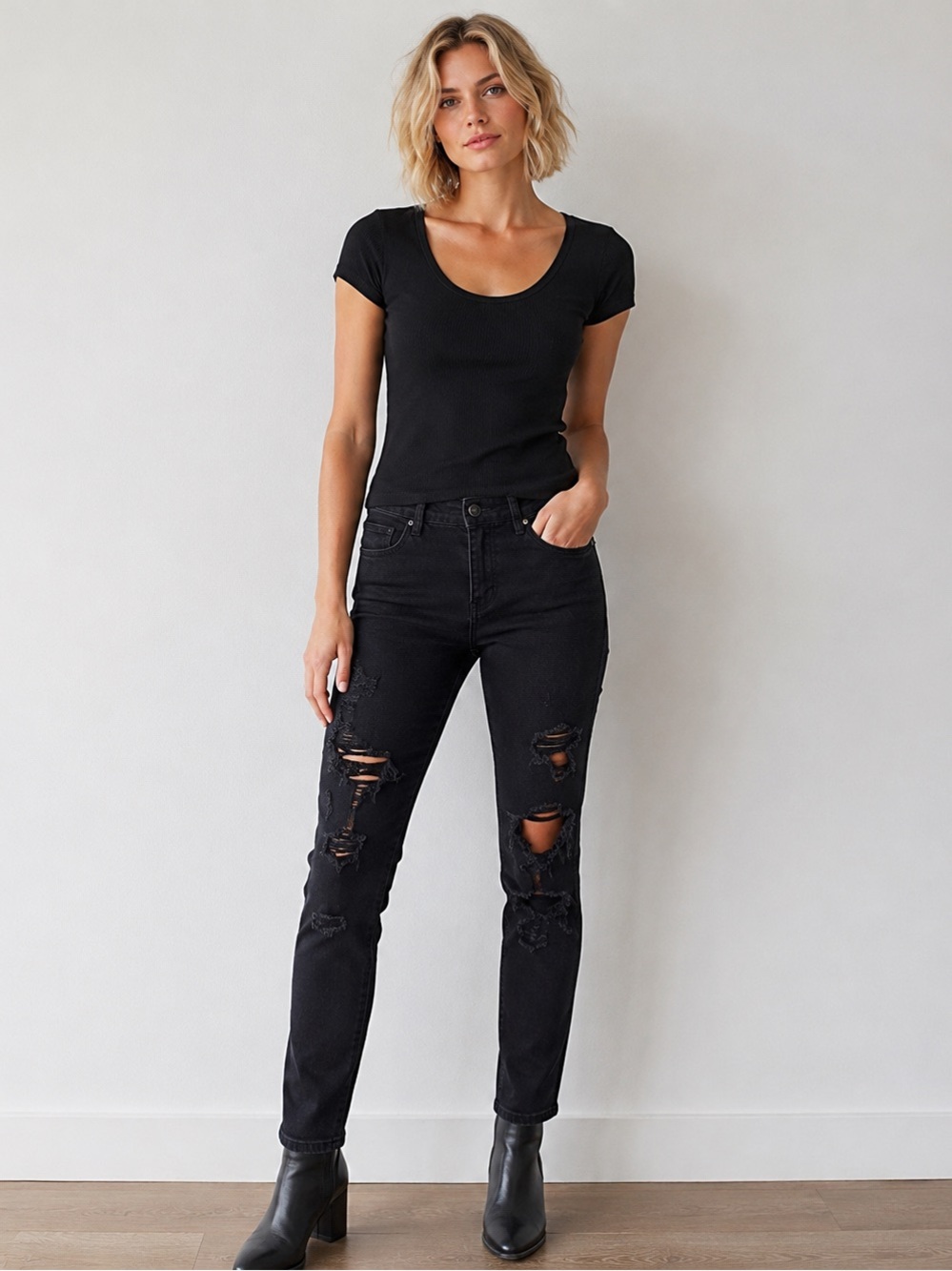 Just Fab Women Black Skinny Jeans 27 Distressed Destroyed Holes Stretch Ankle